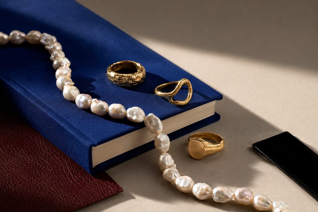 dark academia jewelry styled with pearl and old gold ring stack