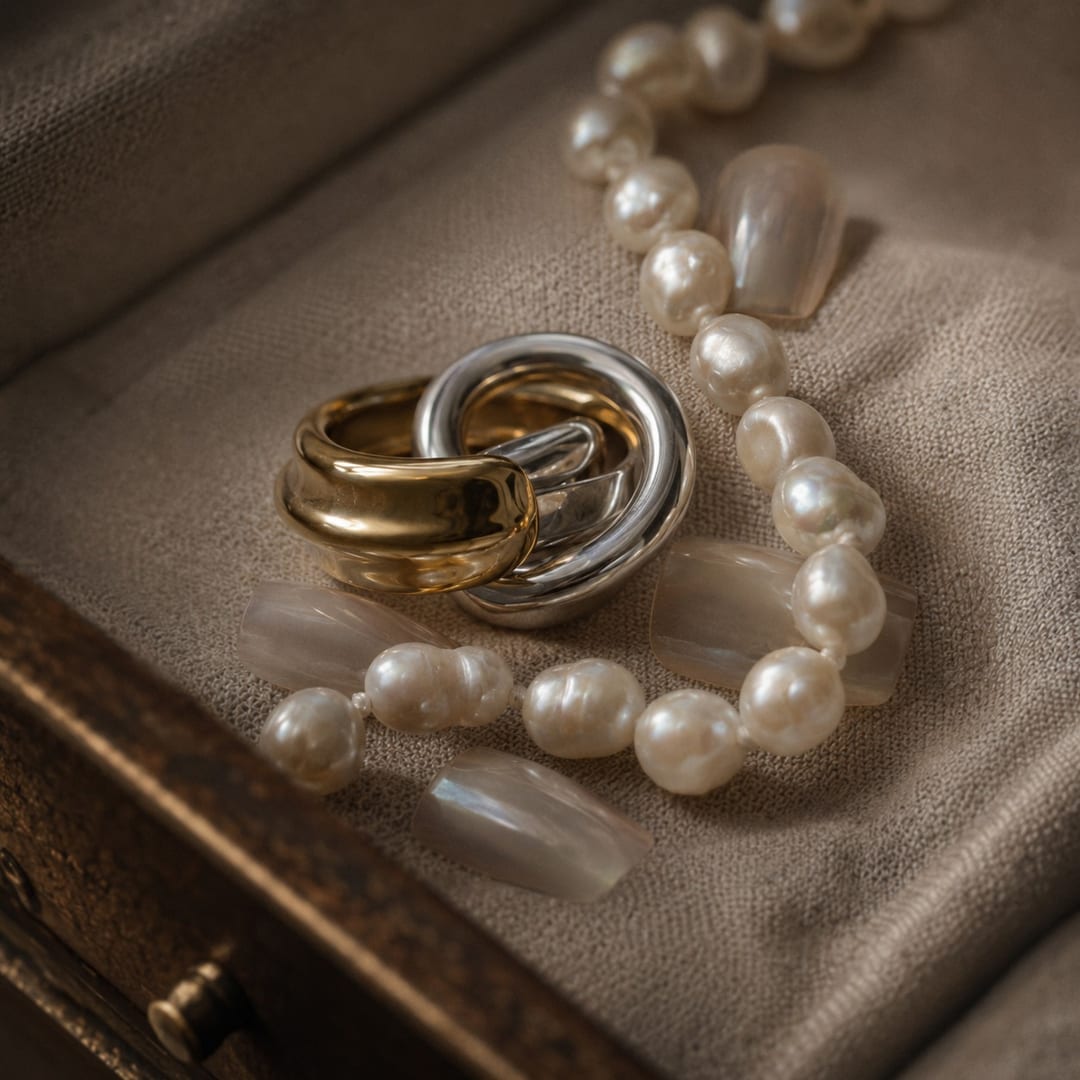 Pearl jewelry meaning shown through heirloom pearls rings and modern press-on nails