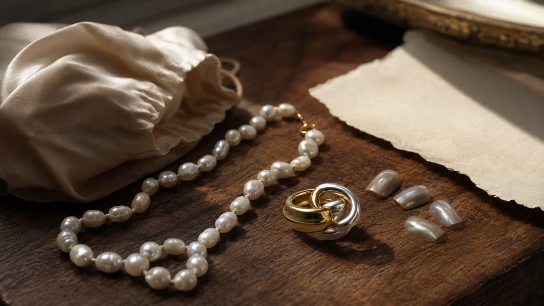 Mother’s Day jewelry gift with pearls sculptural ring and pearl gray press-on nails